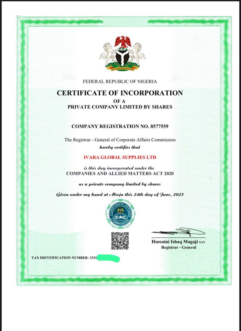 CAC Certificate of Incorporation for Ivara Global Supplies Ltd