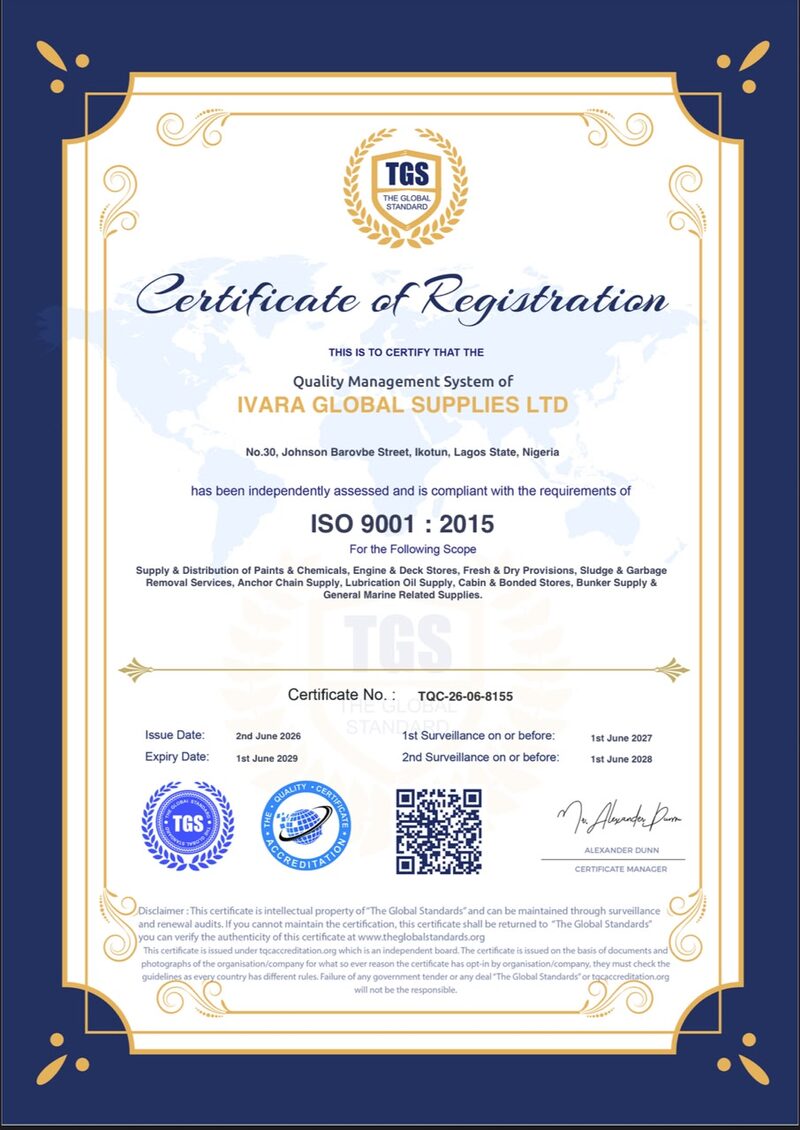 ISO 9001:2015 Certificate of Registration for Ivara Global Supplies Ltd