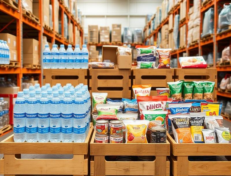 Essential ship provisions including water, beverages, and food items in warehouse