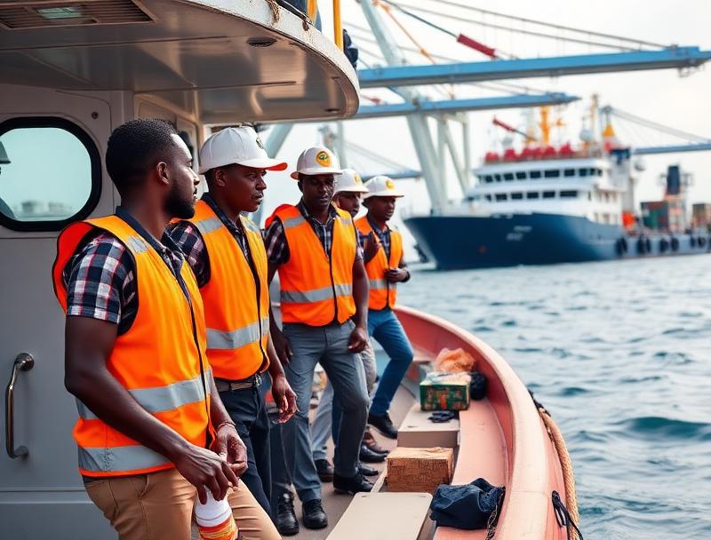 Team of young Nigerian men in safety vests on a supply boat ready to deliver goods